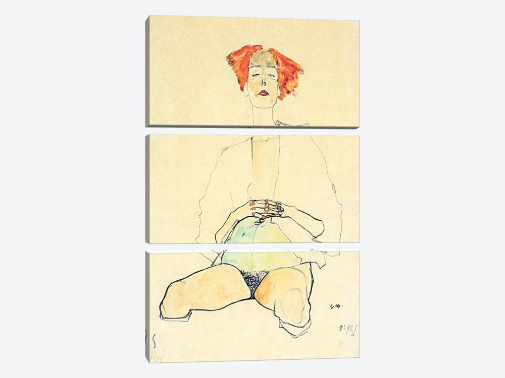 Sedentary Half Act with Red Hair by Egon Schiele 3-piece Canvas Art
