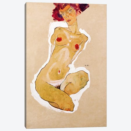 Squatting Female Nude Canvas Print #8310} by Egon Schiele Canvas Artwork