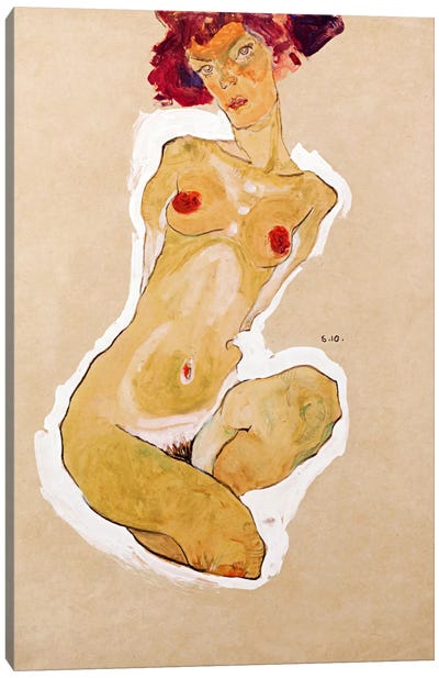 Squatting Female Nude Canvas Art Print - Egon Schiele