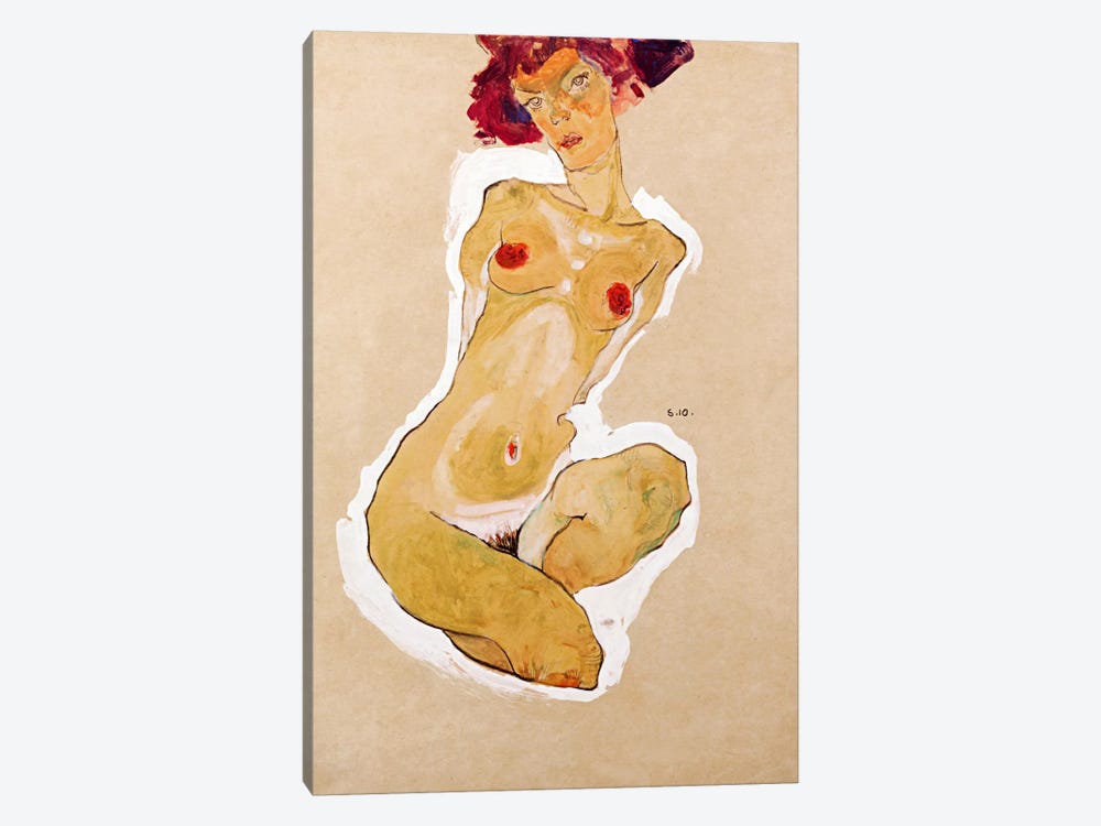 Squatting Female Nude by Egon Schiele 1-piece Canvas Artwork