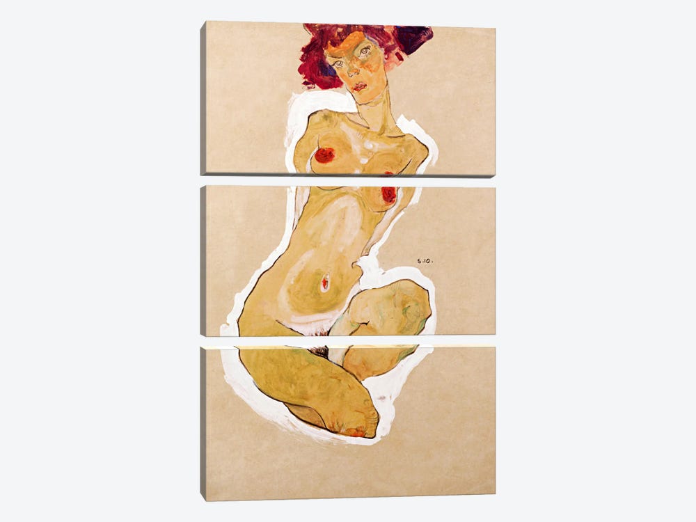 Squatting Female Nude by Egon Schiele 3-piece Canvas Artwork