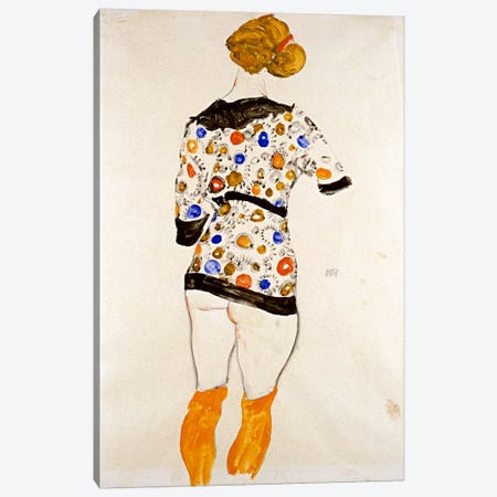 Standing Woman in a Patterned Blouse Canvas Print #8311} by Egon Schiele Canvas Wall Art