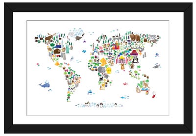 Animal Map of The World Paper Art Print - Maps