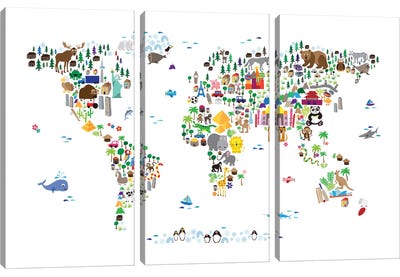 Animal Map of The World Canvas Art Print - 3-Piece Best Sellers