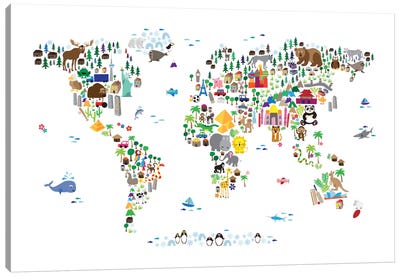 Animal Map of The World Canvas Art Print - Kids Map Art