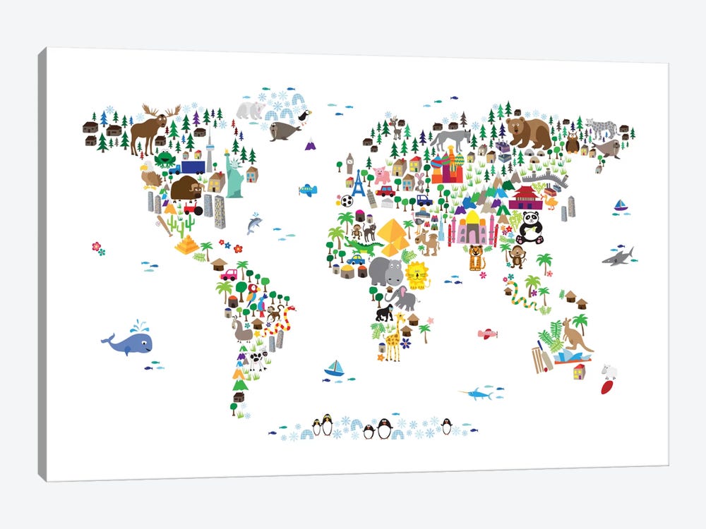 Animal Map of The World by Michael Tompsett 1-piece Canvas Wall Art