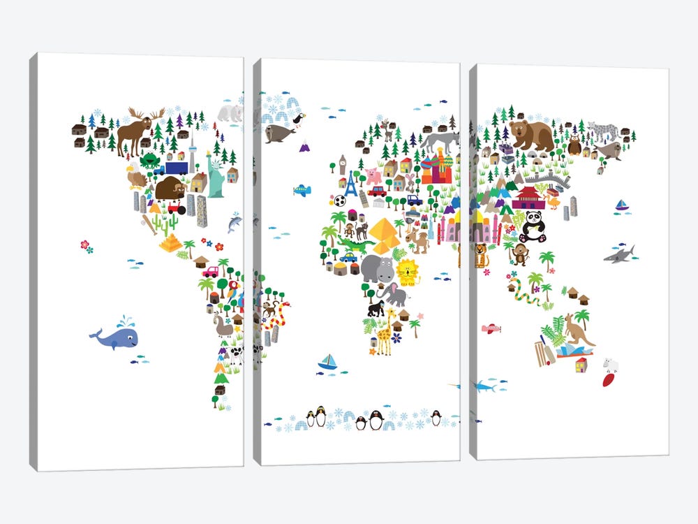 Animal Map of The World by Michael Tompsett 3-piece Canvas Wall Art