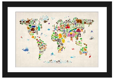 Animal Map of The World II Paper Art Print - Maps