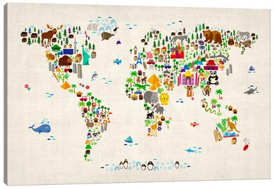 Animal Map of The World II Canvas Art Print - Classroom Wall Art