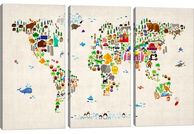 Animal Map of The World II Canvas Art Print - 3-Piece Map Art