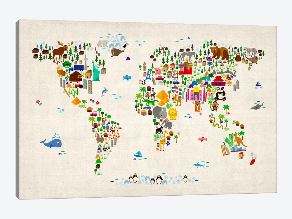 Animal Map of The World II by Michael Tompsett 1-piece Canvas Print