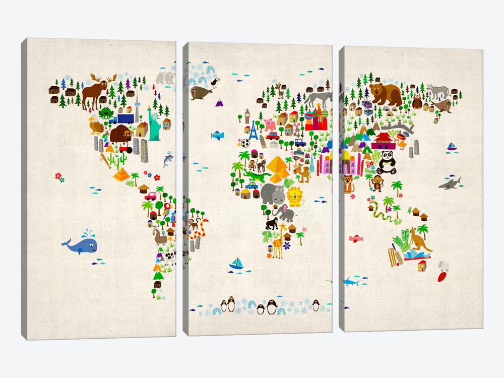 Animal Map of The World II by Michael Tompsett 3-piece Canvas Print