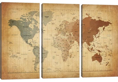 Map of The World III Canvas Art Print - 3-Piece Vintage Art