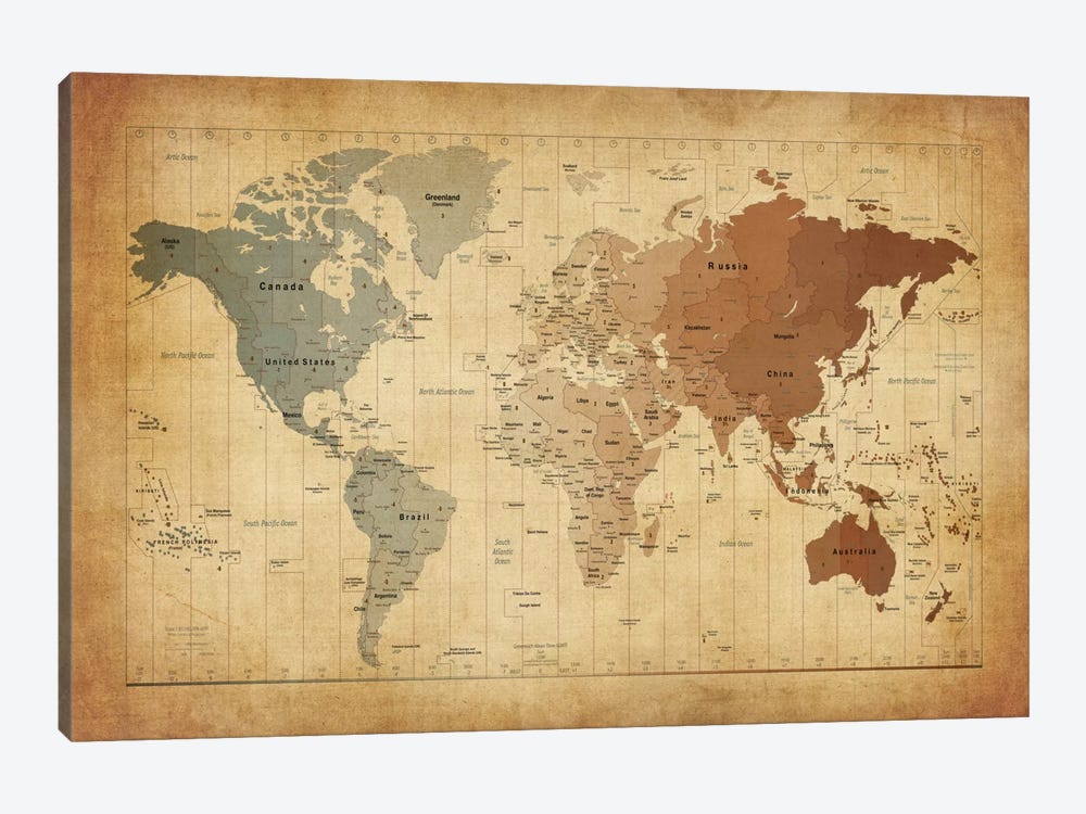 Map of The World III by Michael Tompsett 1-piece Canvas Art Print