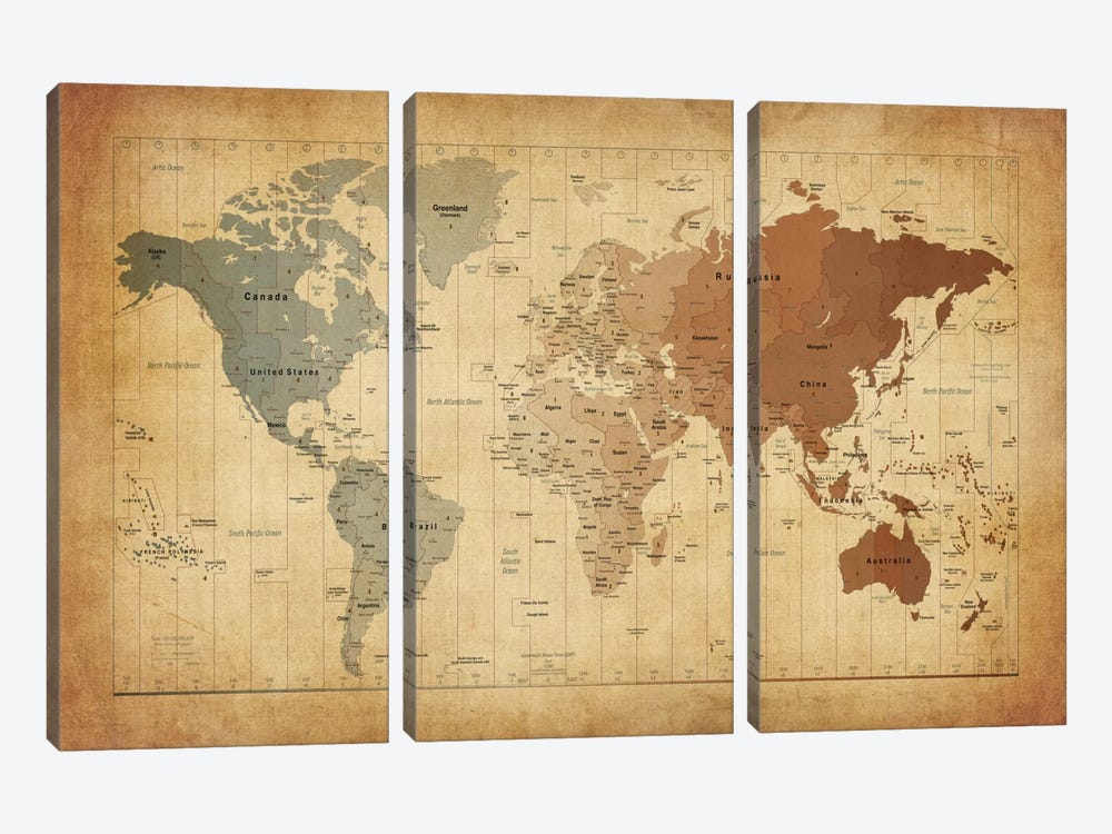 Map of The World III by Michael Tompsett 3-piece Canvas Print