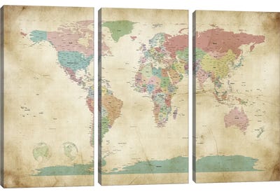 World Cities Map Canvas Art Print - 3-Piece Map Art