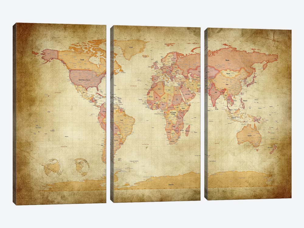 Map of The World II by Michael Tompsett 3-piece Canvas Print
