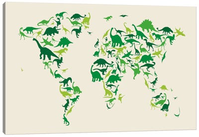 Dinosaur Map of The World Canvas Art Print - World Map Art