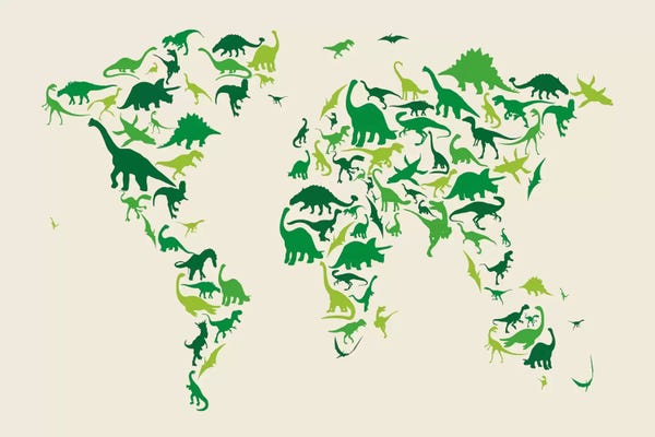 Large Map Art - Canvas Prints: Dinosaur Map of The World by Michael Tompsett