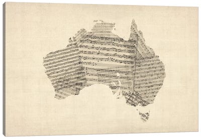 Australia Sheet Music Map Canvas Art Print - Musical Notes Art