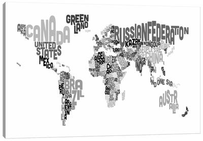 Typographic Text World Map V Canvas Art Print - Rust, Carbon and Cobalt