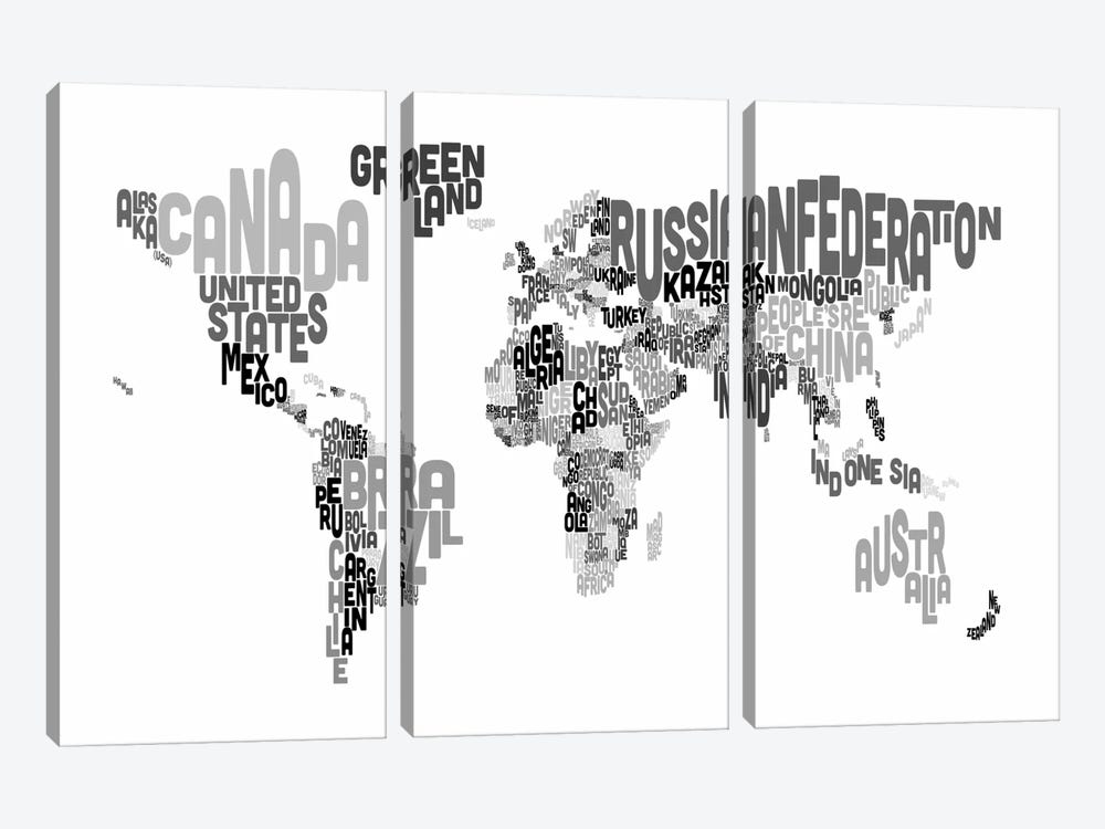 Typographic Text World Map V by Michael Tompsett 3-piece Canvas Art Print