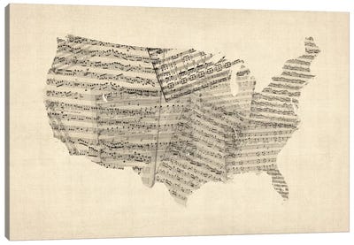 United States Sheet Music Map Canvas Art Print - Cream Art