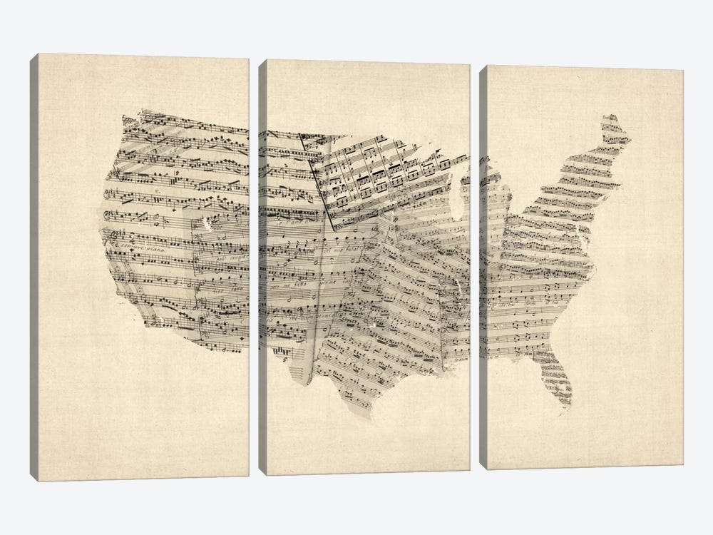 United States Sheet Music Map by Michael Tompsett 3-piece Canvas Artwork