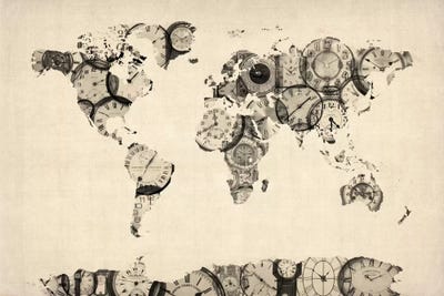 Map of the World Map from Old Clocks by Michael Tompsett acrylic art print