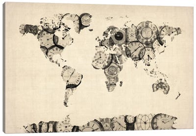 Map of the World Map from Old Clocks Canvas Art Print - World Map Art
