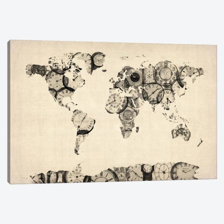 Map of the World Map from Old Clocks Canvas Print #8785} by Michael Tompsett Canvas Wall Art