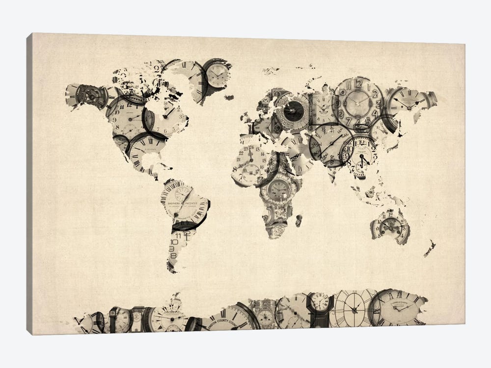 Map of the World Map from Old Clocks by Michael Tompsett 1-piece Canvas Art Print
