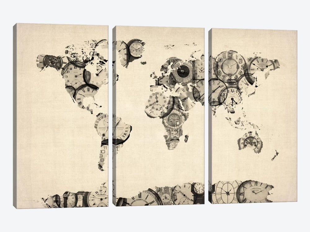 Map of the World Map from Old Clocks by Michael Tompsett 3-piece Art Print
