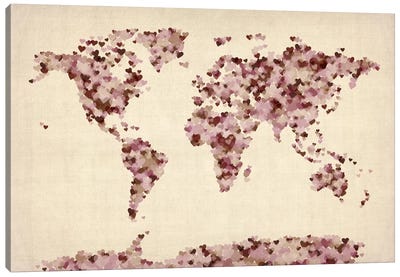 Vintage Hearts World Map Canvas Art Print - World Map Art