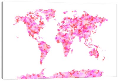 Love Hearts Map of the World Canvas Art Print - Abstract Watercolor Art