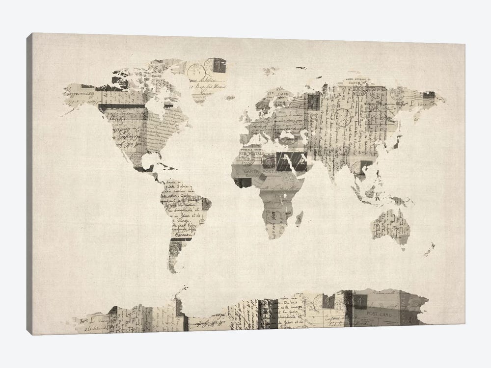 Vintage Postcard World Map by Michael Tompsett 1-piece Canvas Artwork