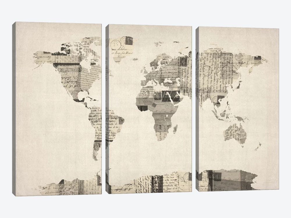Vintage Postcard World Map by Michael Tompsett 3-piece Canvas Artwork
