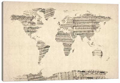 Old Sheet Music World Map Canvas Art Print - Educational Art