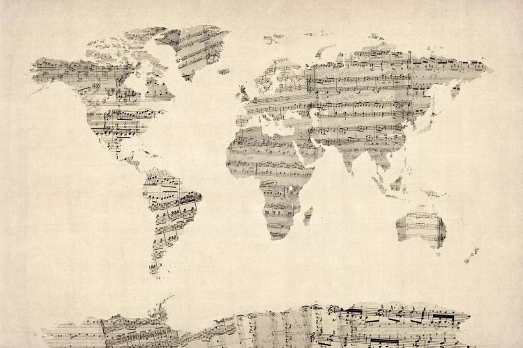 Old Sheet Music World Map by Michael Tompsett wall art