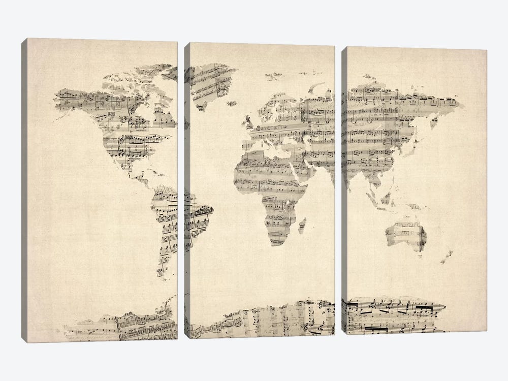 Old Sheet Music World Map by Michael Tompsett 3-piece Canvas Print