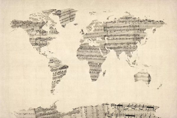 Large Abstract Art - Canvas Prints: Old Sheet Music World Map by Michael Tompsett