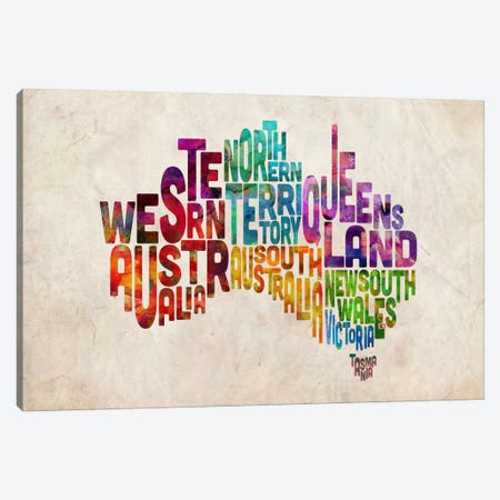 Australia Typographic Text Map Canvas Print #8791} by Michael Tompsett Canvas Artwork