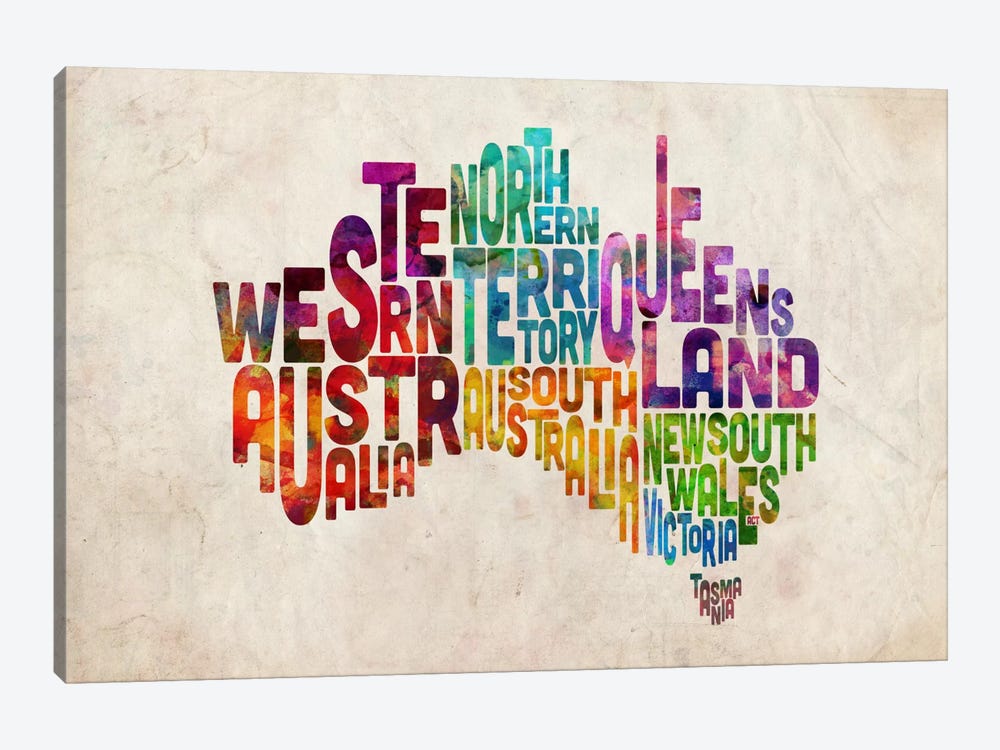 Australia Typographic Text Map by Michael Tompsett 1-piece Canvas Wall Art