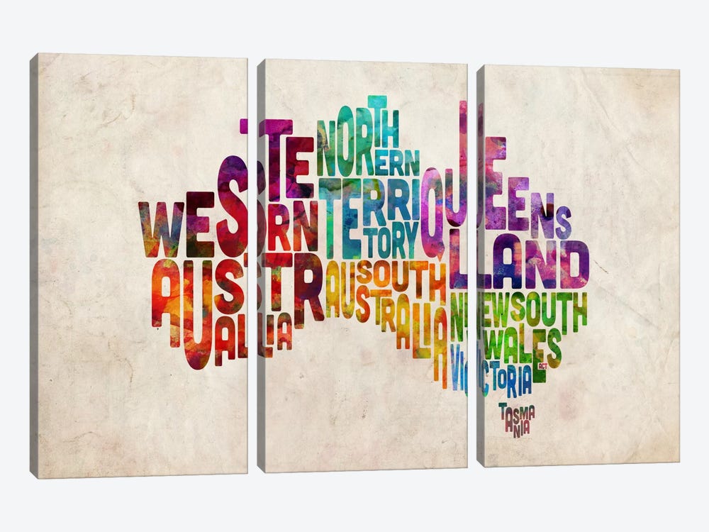 Australia Typographic Text Map by Michael Tompsett 3-piece Canvas Artwork