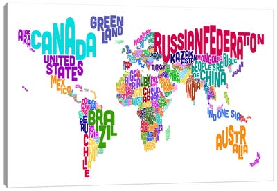 Typographic Text World Map VI Canvas Art Print - Maps & Geography