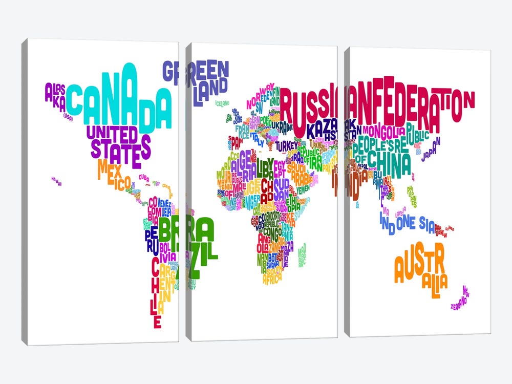 Typographic Text World Map VI by Michael Tompsett 3-piece Canvas Print