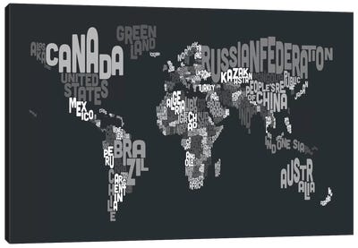 Typographic Text World Map VII Canvas Art Print - Black & White Abstract Art
