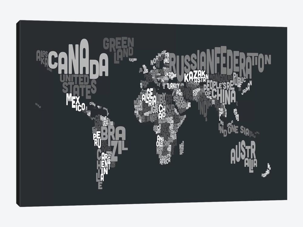 Typographic Text World Map VII 1-piece Canvas Wall Art