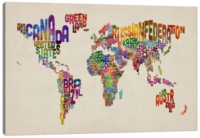 Typographic Text World Map VIII Canvas Art Print - Large Map Art