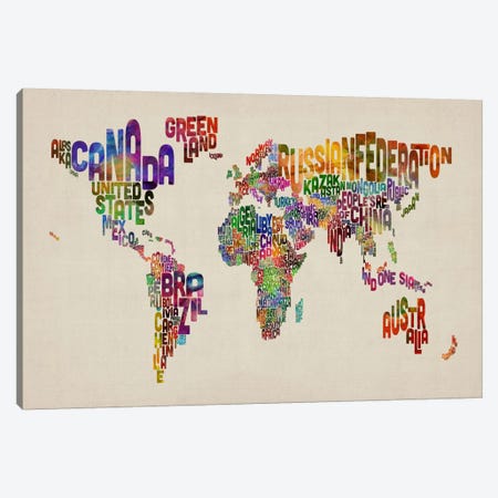 Typographic Text World Map VIII Canvas Print #8794} by Michael Tompsett Canvas Print